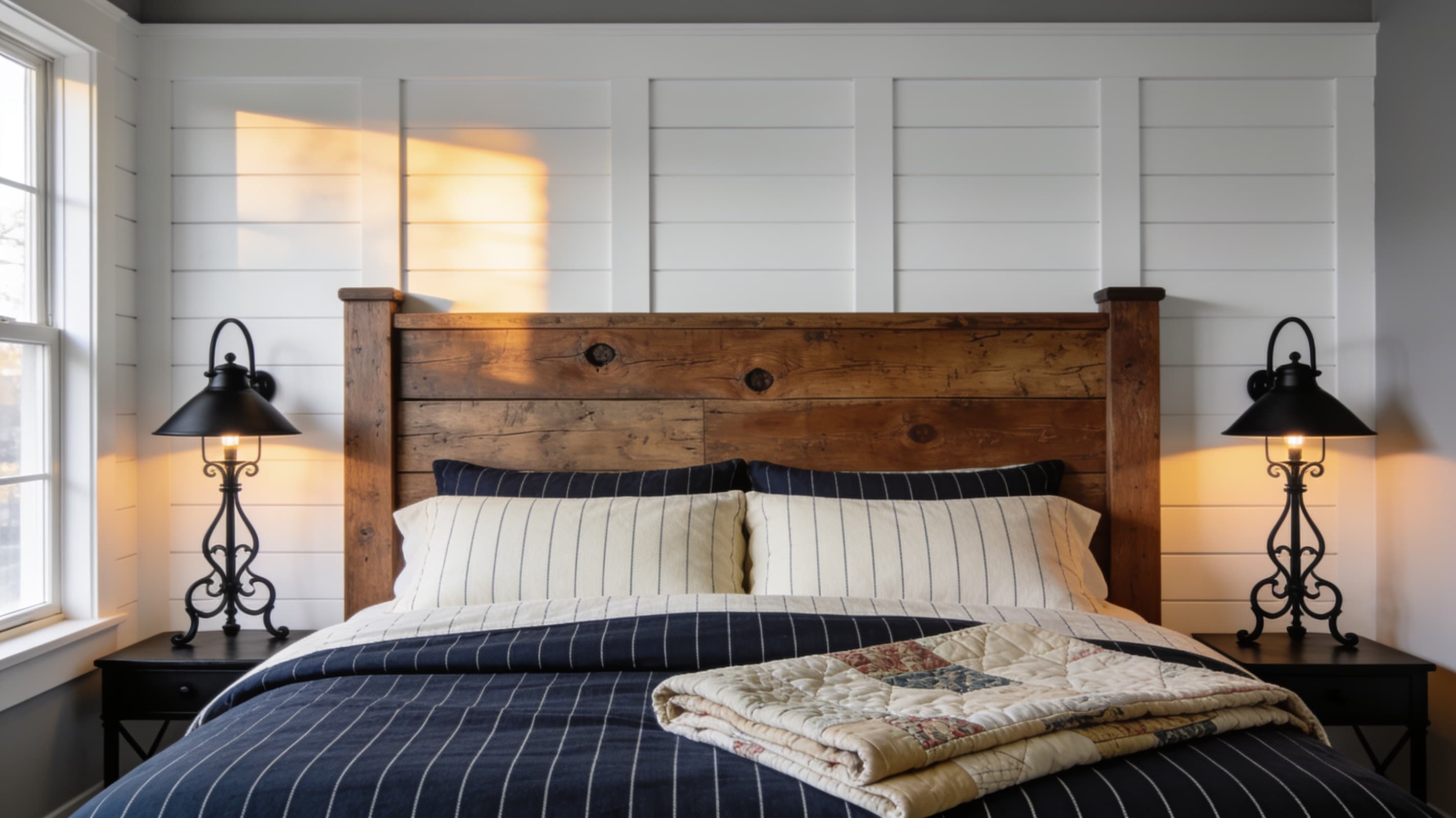A cozy farmhouse bedroom with a white board-and-batten accent wall, reclaimed wood bed frame, ticking stripe bedding, and warm ambient lighting