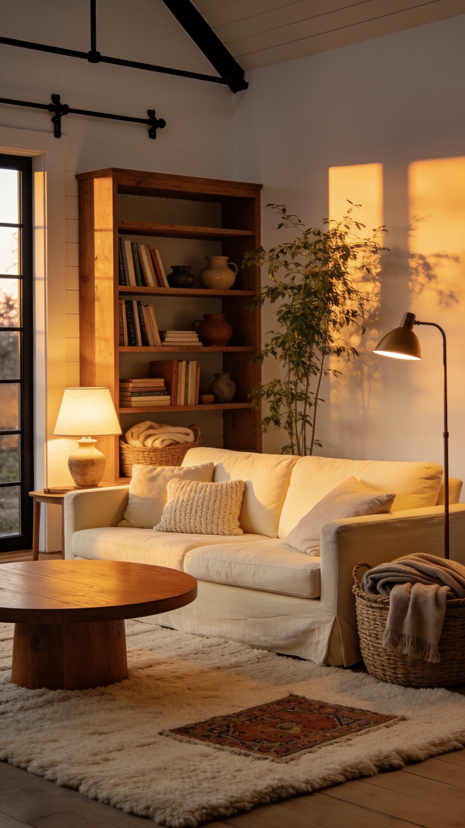 A dreamy, cozy farmhouse living room with a deep cream linen sofa, a round wood coffee table, a soft wool area rug, open wood shelving, a basket of blankets, and warm ambient lamp lighting at dusk