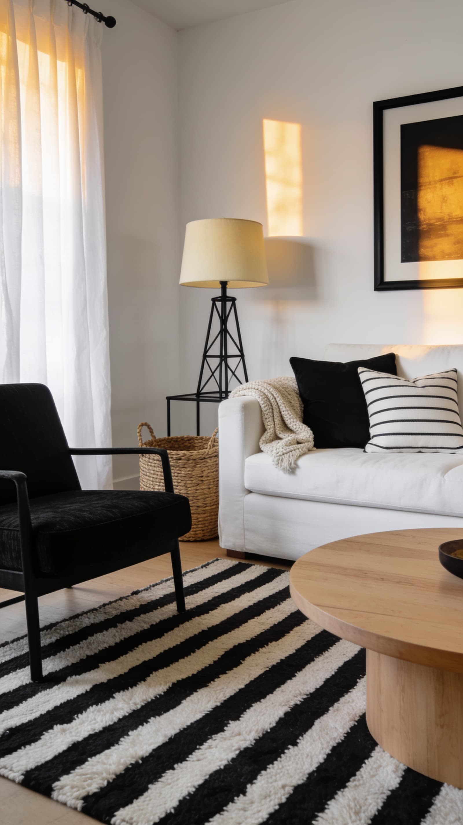 A modern living room in a chic black-and-white palette with warm white walls, a white sofa, a black accent chair, a light wood round coffee table, black frame art, and a black-and-white striped rug