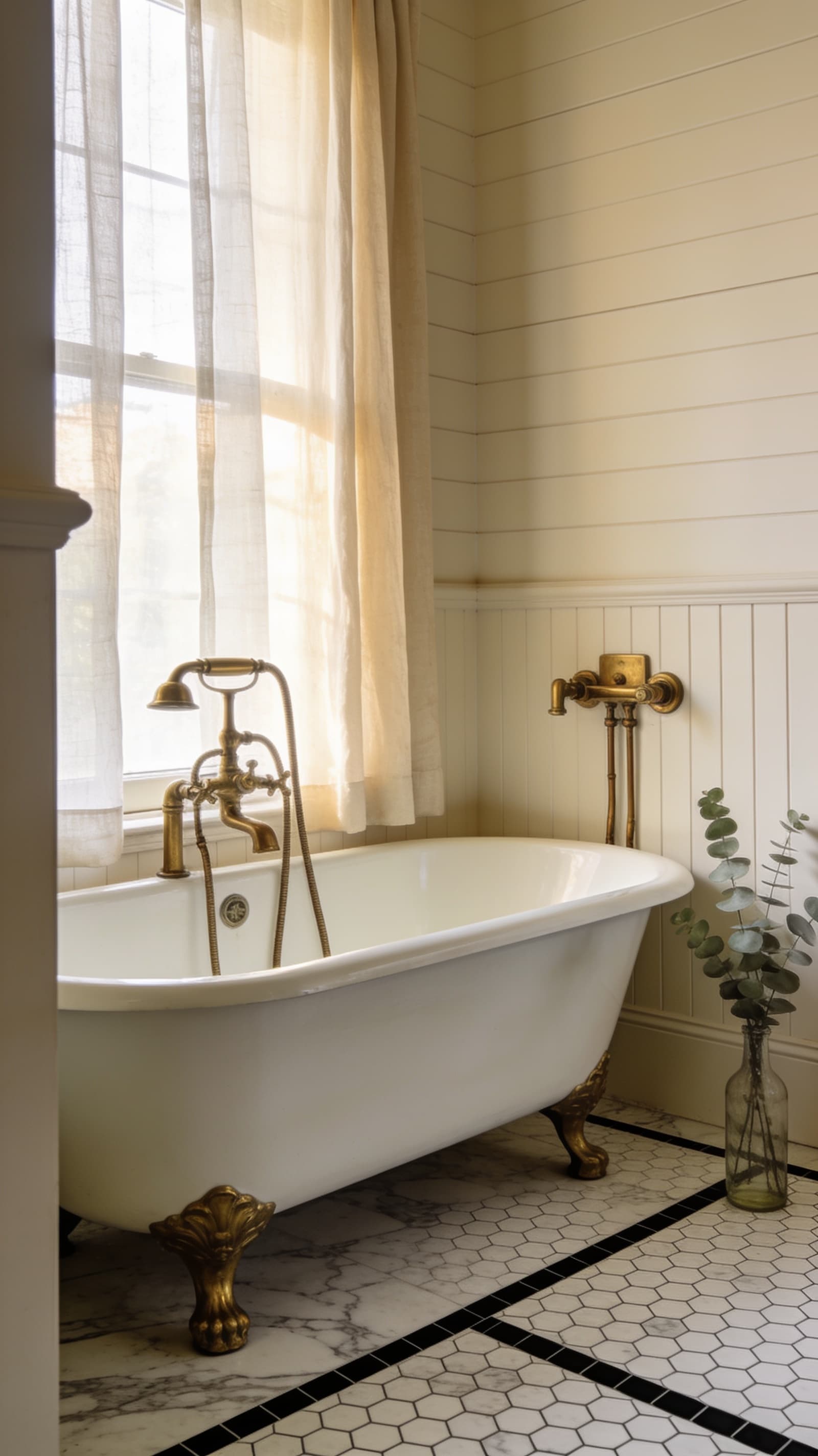 A charming vintage bathroom with a white clawfoot tub on brass claw feet, unlacquered brass fixtures, black and white hex floor tile, cream beadboard, and soft ambient light